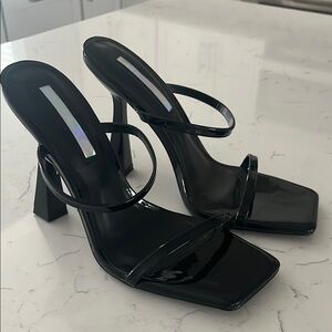 Chunky strappy  stiletto heel black patent